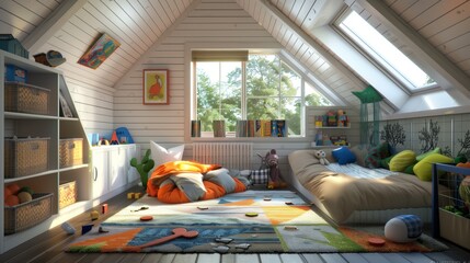 Wall Mural - Sunlit children's attic bedroom with colorful decor, toys scattered around, and cozy bedding.