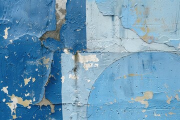 Poster - A weathered blue and white wall with peeling paint. Suitable for architectural or urban backgrounds