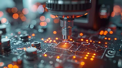Aufkleber - A detailed view of a machine covered in numerous illuminated lights, showcasing intricate technological components.