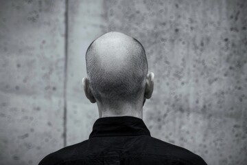 Aufkleber - A man with a shaved head wearing a black shirt. Suitable for various projects