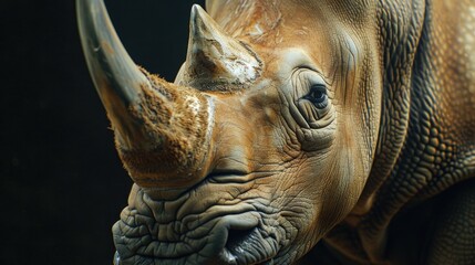 Poster - Close up of a rhino's face on a black background. Suitable for wildlife and animal-themed designs