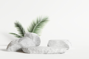 Fototapete - Product display podium with nature leaves on white background. 3D rendering