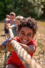 Canvas Print - Group of children having fun in a field. Suitable for educational and outdoor activity concepts