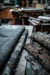 Poster - A pile of fabric on a table, perfect for textile industry projects