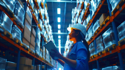 Canvas Print - A female engineer in a hard hat inspects inventory in a large warehouse using a digital tablet.