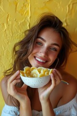 Poster - A woman holding a bowl of food, perfect for food-related designs