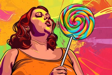 Poster - Woman holding lollipop with vibrant background, ideal for advertising campaigns