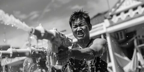 Poster - A man is seen spraying water on his face. Suitable for health and skincare concepts