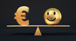 Balanced seesaw with golden Euro symbol and smiling face ball on dark background, 3D illustration