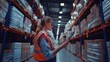 © Natalia - A female warehouse worker in a reflective vest is checking inventory on a tablet among high shelves.