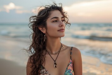 Poster - A beautiful young woman standing on top of a beach. Ideal for travel and lifestyle concepts