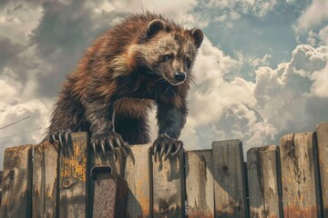 Poster - A brown bear standing on top of a wooden fence. Perfect for wildlife or nature concepts