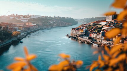 Poster - Urban river next to lush green hillside, ideal for cityscape concept