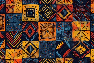 Poster - Vibrant patchwork design on a dark backdrop, suitable for various creative projects