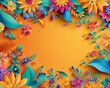 Frame made of colorful flowers on orange background. Mexican traditional folk art border pattern. Cinco de Mayo celebration concept. Greeting card with place for text.