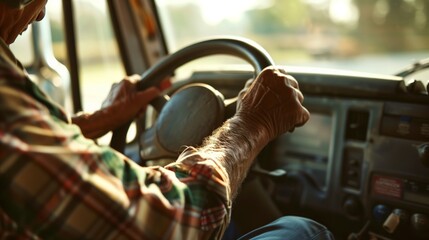 Sticker - Close-up view of an elderly man's hands on the steering wheel of a vintage truck, driving at sunset.