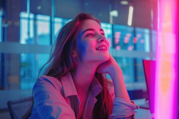 Aufkleber - Woman sitting at table with laptop, suitable for business concepts