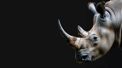 Poster - Close-up view of a rhinoceros on a black background. Suitable for various educational and wildlife-themed projects