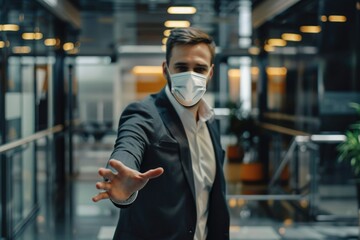 Poster - A man wearing a suit and a face mask. Suitable for business or health concepts