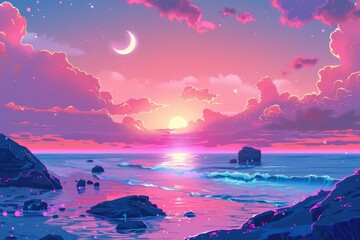 Poster - Beautiful painting of a sunset over the ocean. Suitable for home decor or travel websites
