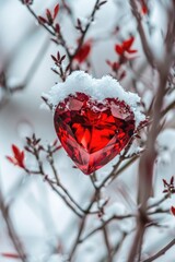 Wall Mural - A romantic red heart ornament hanging from a tree covered in snow. Perfect for winter-themed designs