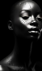 Wall Mural - A black and white photo of a black young African woman, taken with a canon eos 5d, in professional makeup, transcendent, high-contrast, white background, beautiful sculptured face, beautiful bone