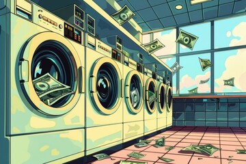 Poster - A pile of money spilling from a washing machine. Perfect for financial concepts