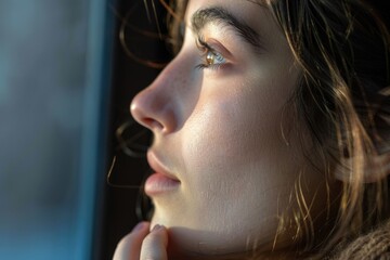 Poster - Close up of a person looking out a window, suitable for various concepts and designs