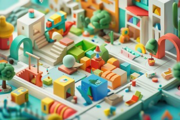 Poster - Miniature cityscape with toy train and buildings. Perfect for model train enthusiasts or urban development concepts