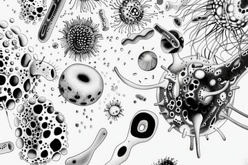 Aufkleber - Detailed black and white drawing of different types of bacteria. Suitable for scientific or educational purposes