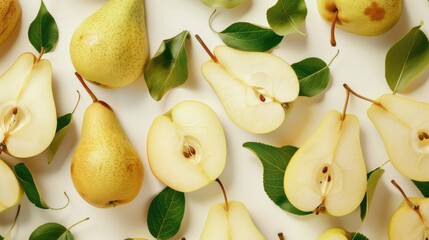 Poster - Fresh pears with leaves on a white background. Great for food and healthy eating concepts