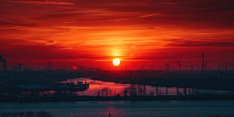 Poster - Beautiful sunset scene with windmills in the background. Perfect for nature or renewable energy concepts