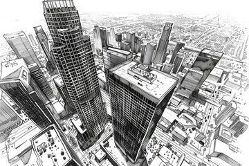 Poster - Detailed black and white illustration of a city, suitable for architectural projects