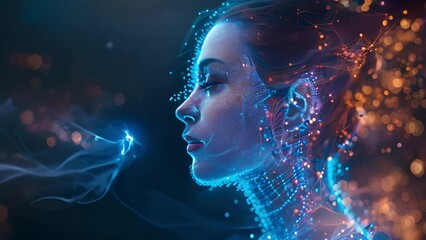 Aufkleber - A womans face is illuminated by soft glowing lights in the background, creating a captivating ambiance.