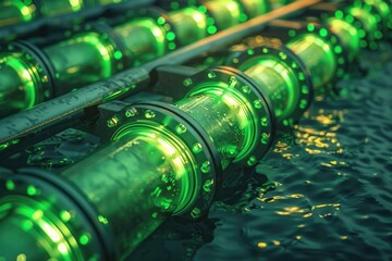 Poster - A bunch of green lights floating in water. Suitable for various creative projects