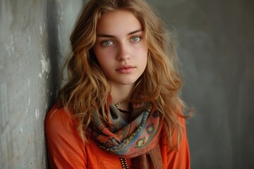 Aufkleber - A beautiful young woman leaning against a wall. Perfect for lifestyle or fashion blogs