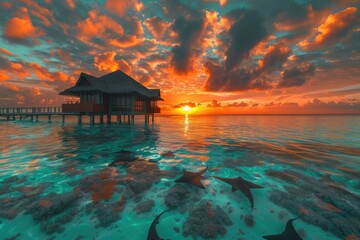 Poster - Beautiful sunset over the ocean with a wooden pier. Ideal for travel and nature concepts