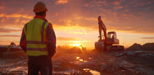 Aufkleber - A construction worker standing in front of a construction site. Ideal for construction industry concepts