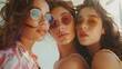 Three beautiful young women in sunglasses posing for a picture. Perfect for lifestyle and fashion blogs