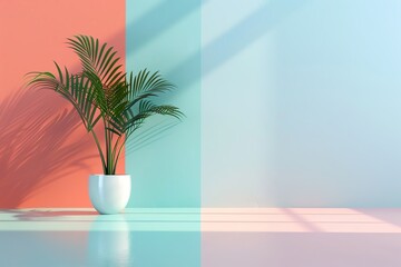 The image is a 3D rendering of a room with a potted plant in the center