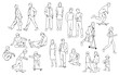 Silhouettes men, women, teenagers and children standing, walking, sitting, skateboarding, linear sketch,  black color, vector, group recreation people, students, flat design concept isolated on white 