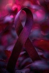 Poster - A purple ribbon laying on a bed of leaves. Suitable for various designs and concepts