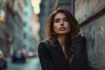Poster - A beautiful young woman leaning against a wall. Suitable for various lifestyle and fashion concepts