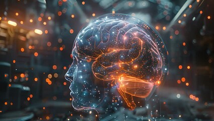 Aufkleber - Close-up of a human head with a glowing brain visible in the center, showcasing the intricate complexity of the brain.