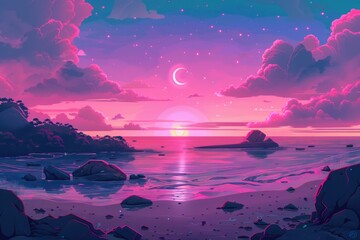 Poster - Beautiful painting of a sunset over the ocean, perfect for home decor or travel brochures
