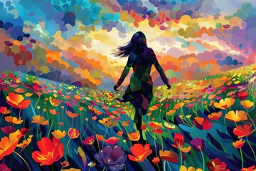 Poster - Woman walking through a beautiful field of flowers, suitable for nature and relaxation concepts