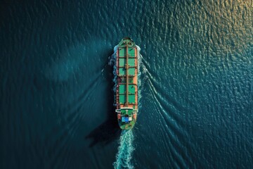 Poster - Aerial view of a cargo ship in the ocean. Suitable for transportation concepts