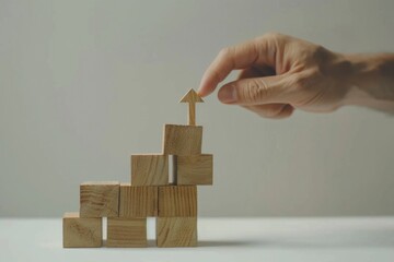 Poster - Person placing wooden block with arrow, useful for business concepts