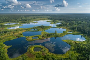 Poster - A beautiful aerial view of a serene lake surrounded by lush trees. Perfect for nature and travel themes