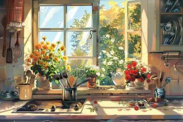 Wall Mural - A realistic painting of a kitchen interior with a view through a window. Suitable for home decor